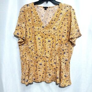 Ann Taylor Womens Large Desert Yellow Peplum Blouse Pullover V Neck Short Sleeve
